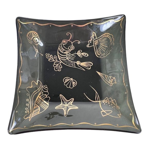 2 Tier Black Glass Tray Dish Gold Sea Creatures Candle Holder MCM Chip Dip VTG - Picture 7 of 10